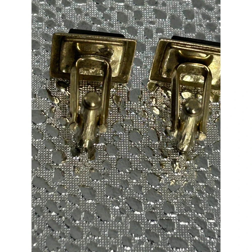 Vintage Gold Tone Square Cufflinks Black Rhinestone Mid‎ Century Formal Mens
